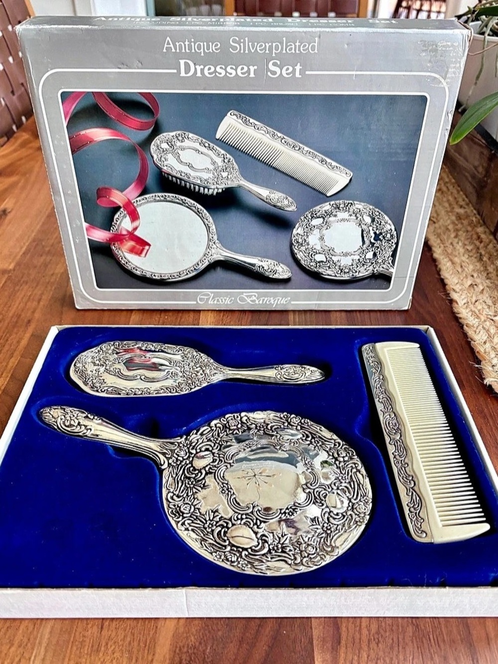 Vintage Silver Plated Dresser Set Ornate Baroque Mirror Brush Comb Boxed Like Ne